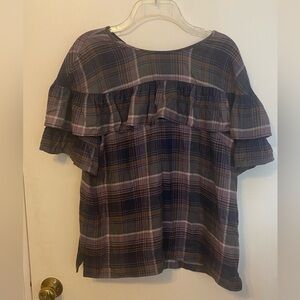Cremini plaid blouse with ruffles and short sleeves size medium